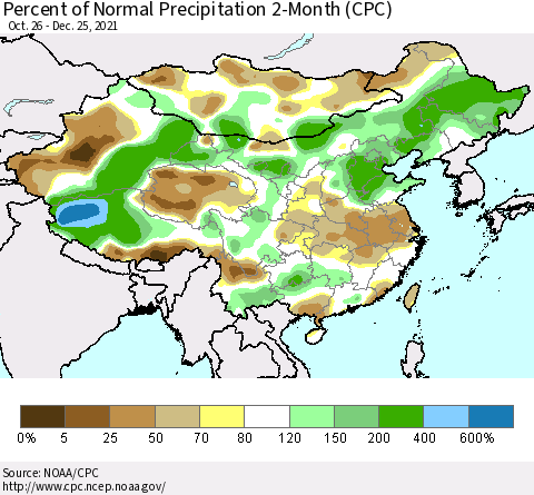 China, Mongolia and Taiwan Percent of Normal Precipitation 2-Month (CPC) Thematic Map For 10/26/2021 - 12/25/2021