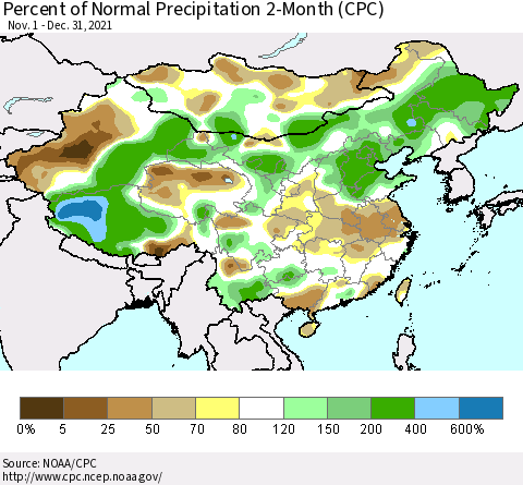 China, Mongolia and Taiwan Percent of Normal Precipitation 2-Month (CPC) Thematic Map For 11/1/2021 - 12/31/2021