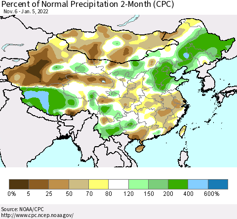 China, Mongolia and Taiwan Percent of Normal Precipitation 2-Month (CPC) Thematic Map For 11/6/2021 - 1/5/2022