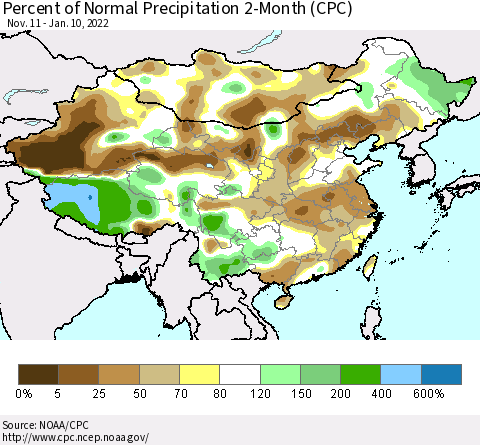 China, Mongolia and Taiwan Percent of Normal Precipitation 2-Month (CPC) Thematic Map For 11/11/2021 - 1/10/2022