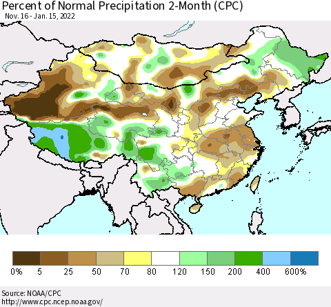 China, Mongolia and Taiwan Percent of Normal Precipitation 2-Month (CPC) Thematic Map For 11/16/2021 - 1/15/2022
