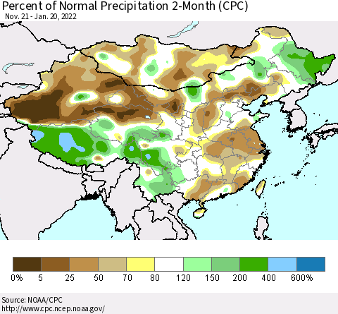 China, Mongolia and Taiwan Percent of Normal Precipitation 2-Month (CPC) Thematic Map For 11/21/2021 - 1/20/2022