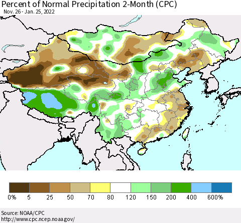 China, Mongolia and Taiwan Percent of Normal Precipitation 2-Month (CPC) Thematic Map For 11/26/2021 - 1/25/2022