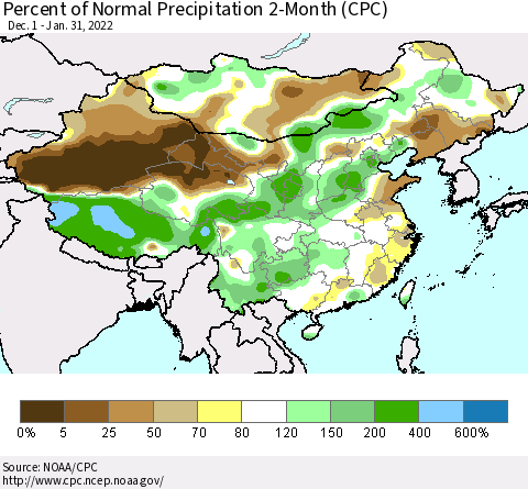China, Mongolia and Taiwan Percent of Normal Precipitation 2-Month (CPC) Thematic Map For 12/1/2021 - 1/31/2022