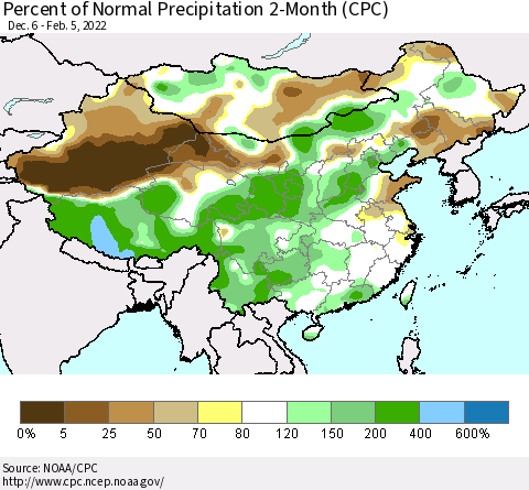 China, Mongolia and Taiwan Percent of Normal Precipitation 2-Month (CPC) Thematic Map For 12/6/2021 - 2/5/2022