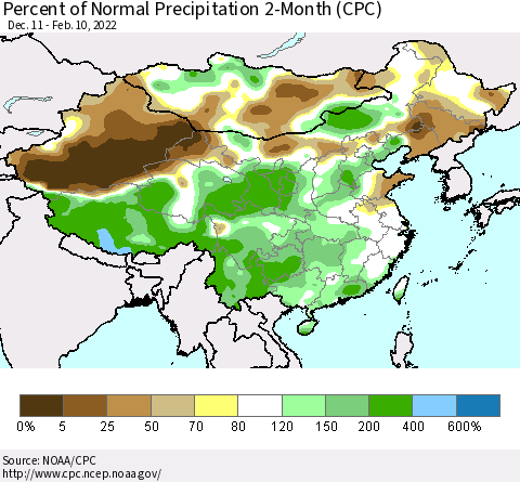 China, Mongolia and Taiwan Percent of Normal Precipitation 2-Month (CPC) Thematic Map For 12/11/2021 - 2/10/2022