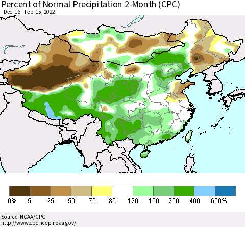 China, Mongolia and Taiwan Percent of Normal Precipitation 2-Month (CPC) Thematic Map For 12/16/2021 - 2/15/2022