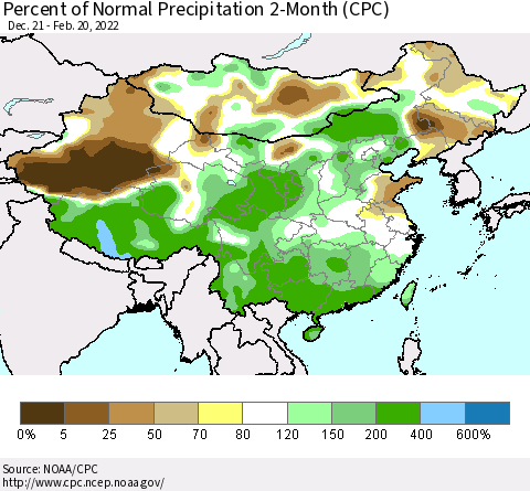 China, Mongolia and Taiwan Percent of Normal Precipitation 2-Month (CPC) Thematic Map For 12/21/2021 - 2/20/2022