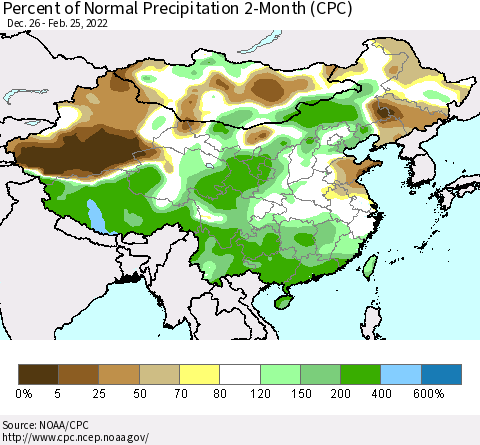 China, Mongolia and Taiwan Percent of Normal Precipitation 2-Month (CPC) Thematic Map For 12/26/2021 - 2/25/2022