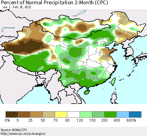 China, Mongolia and Taiwan Percent of Normal Precipitation 2-Month (CPC) Thematic Map For 1/1/2022 - 2/28/2022