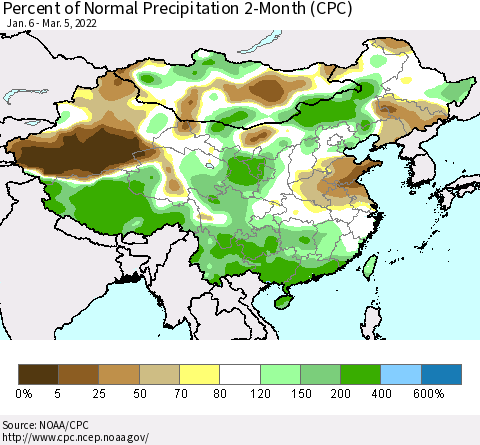 China, Mongolia and Taiwan Percent of Normal Precipitation 2-Month (CPC) Thematic Map For 1/6/2022 - 3/5/2022