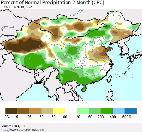 China, Mongolia and Taiwan Percent of Normal Precipitation 2-Month (CPC) Thematic Map For 1/11/2022 - 3/10/2022