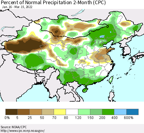 China, Mongolia and Taiwan Percent of Normal Precipitation 2-Month (CPC) Thematic Map For 1/16/2022 - 3/15/2022