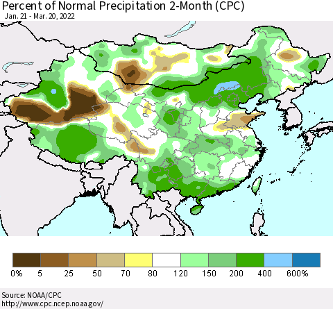 China, Mongolia and Taiwan Percent of Normal Precipitation 2-Month (CPC) Thematic Map For 1/21/2022 - 3/20/2022