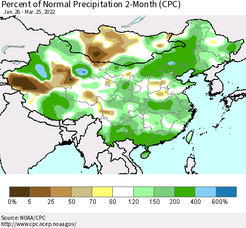 China, Mongolia and Taiwan Percent of Normal Precipitation 2-Month (CPC) Thematic Map For 1/26/2022 - 3/25/2022