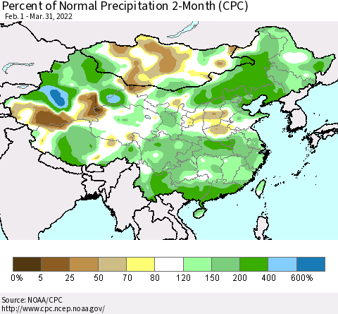 China, Mongolia and Taiwan Percent of Normal Precipitation 2-Month (CPC) Thematic Map For 2/1/2022 - 3/31/2022