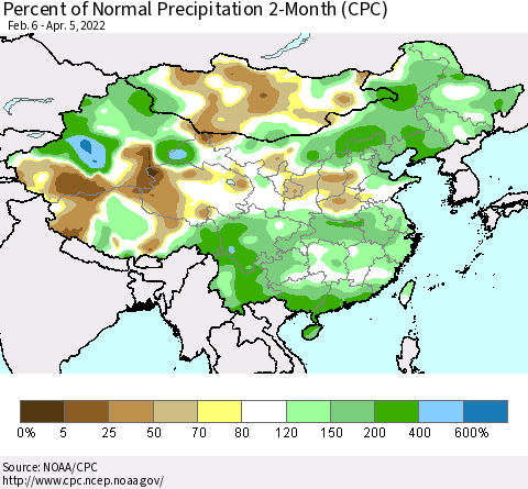China, Mongolia and Taiwan Percent of Normal Precipitation 2-Month (CPC) Thematic Map For 2/6/2022 - 4/5/2022