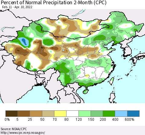 China, Mongolia and Taiwan Percent of Normal Precipitation 2-Month (CPC) Thematic Map For 2/11/2022 - 4/10/2022