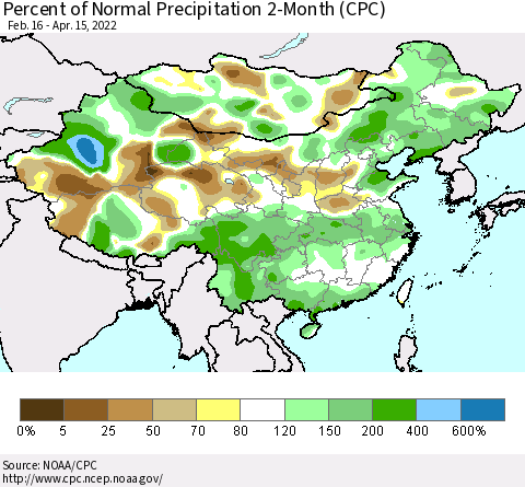 China, Mongolia and Taiwan Percent of Normal Precipitation 2-Month (CPC) Thematic Map For 2/16/2022 - 4/15/2022