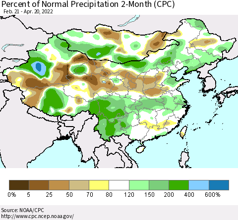 China, Mongolia and Taiwan Percent of Normal Precipitation 2-Month (CPC) Thematic Map For 2/21/2022 - 4/20/2022