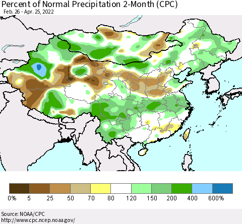 China, Mongolia and Taiwan Percent of Normal Precipitation 2-Month (CPC) Thematic Map For 2/26/2022 - 4/25/2022
