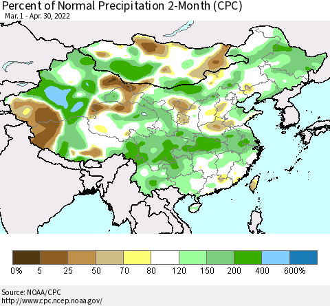 China, Mongolia and Taiwan Percent of Normal Precipitation 2-Month (CPC) Thematic Map For 3/1/2022 - 4/30/2022