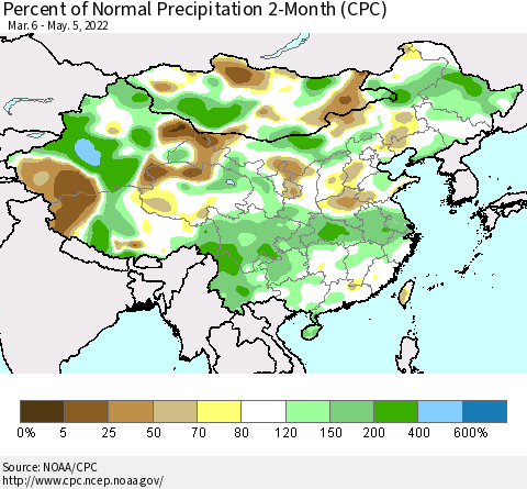 China, Mongolia and Taiwan Percent of Normal Precipitation 2-Month (CPC) Thematic Map For 3/6/2022 - 5/5/2022