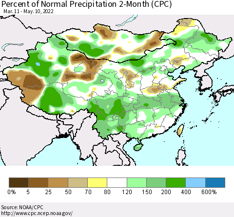 China, Mongolia and Taiwan Percent of Normal Precipitation 2-Month (CPC) Thematic Map For 3/11/2022 - 5/10/2022