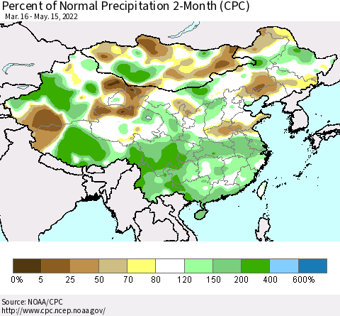 China, Mongolia and Taiwan Percent of Normal Precipitation 2-Month (CPC) Thematic Map For 3/16/2022 - 5/15/2022