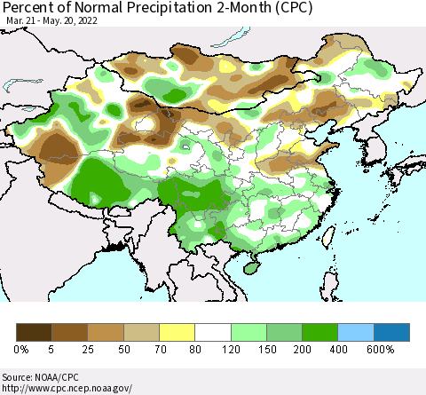 China, Mongolia and Taiwan Percent of Normal Precipitation 2-Month (CPC) Thematic Map For 3/21/2022 - 5/20/2022