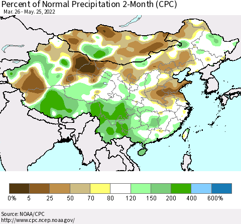 China, Mongolia and Taiwan Percent of Normal Precipitation 2-Month (CPC) Thematic Map For 3/26/2022 - 5/25/2022