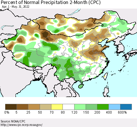 China, Mongolia and Taiwan Percent of Normal Precipitation 2-Month (CPC) Thematic Map For 4/1/2022 - 5/31/2022