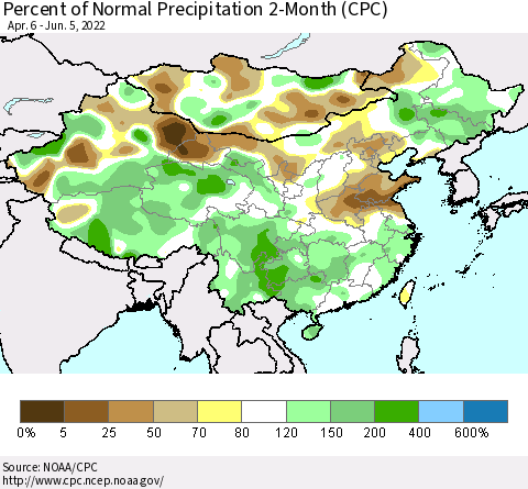 China, Mongolia and Taiwan Percent of Normal Precipitation 2-Month (CPC) Thematic Map For 4/6/2022 - 6/5/2022