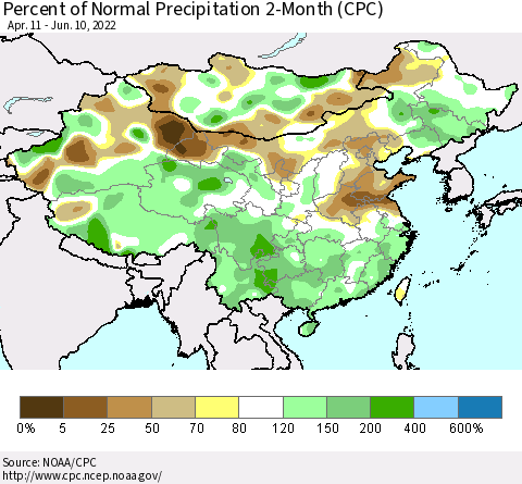 China, Mongolia and Taiwan Percent of Normal Precipitation 2-Month (CPC) Thematic Map For 4/11/2022 - 6/10/2022