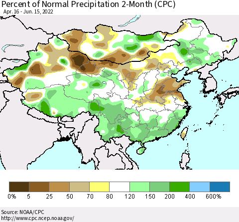 China, Mongolia and Taiwan Percent of Normal Precipitation 2-Month (CPC) Thematic Map For 4/16/2022 - 6/15/2022