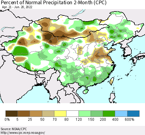 China, Mongolia and Taiwan Percent of Normal Precipitation 2-Month (CPC) Thematic Map For 4/21/2022 - 6/20/2022