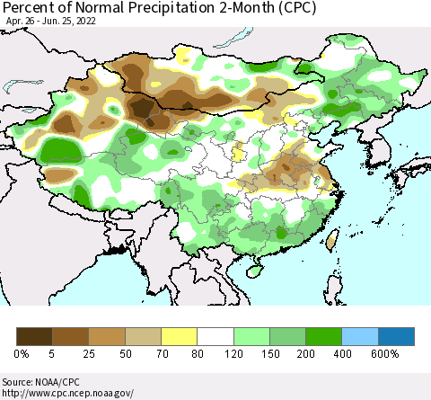 China, Mongolia and Taiwan Percent of Normal Precipitation 2-Month (CPC) Thematic Map For 4/26/2022 - 6/25/2022