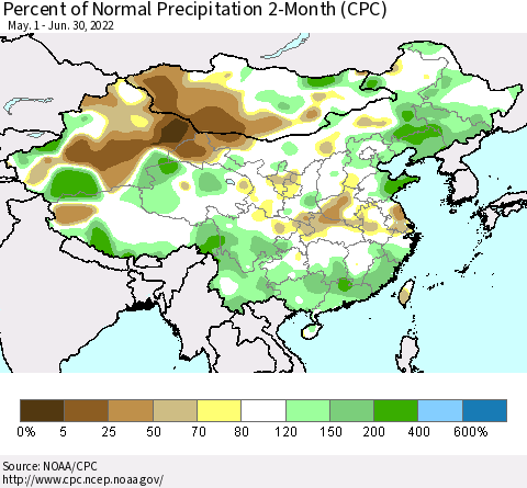 China, Mongolia and Taiwan Percent of Normal Precipitation 2-Month (CPC) Thematic Map For 5/1/2022 - 6/30/2022