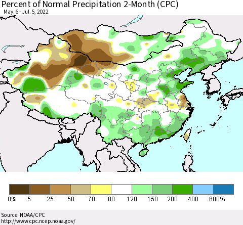 China, Mongolia and Taiwan Percent of Normal Precipitation 2-Month (CPC) Thematic Map For 5/6/2022 - 7/5/2022
