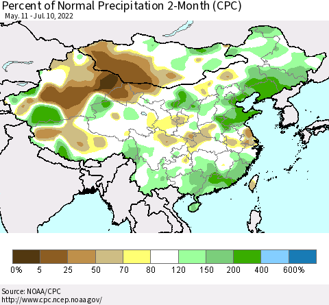 China, Mongolia and Taiwan Percent of Normal Precipitation 2-Month (CPC) Thematic Map For 5/11/2022 - 7/10/2022