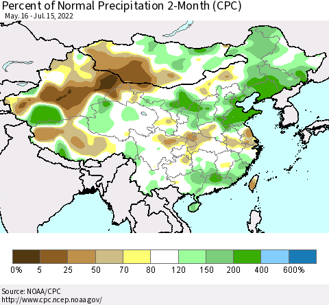 China, Mongolia and Taiwan Percent of Normal Precipitation 2-Month (CPC) Thematic Map For 5/16/2022 - 7/15/2022