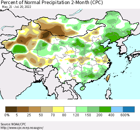 China, Mongolia and Taiwan Percent of Normal Precipitation 2-Month (CPC) Thematic Map For 5/21/2022 - 7/20/2022
