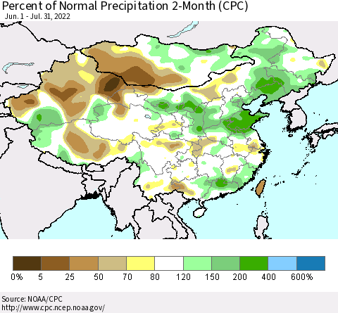 China, Mongolia and Taiwan Percent of Normal Precipitation 2-Month (CPC) Thematic Map For 6/1/2022 - 7/31/2022
