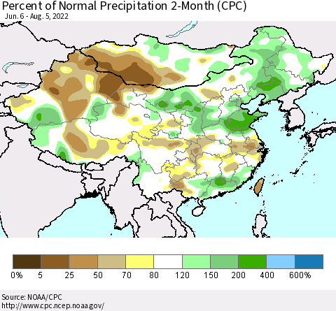 China, Mongolia and Taiwan Percent of Normal Precipitation 2-Month (CPC) Thematic Map For 6/6/2022 - 8/5/2022