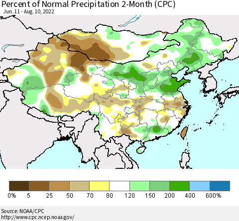 China, Mongolia and Taiwan Percent of Normal Precipitation 2-Month (CPC) Thematic Map For 6/11/2022 - 8/10/2022