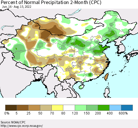 China, Mongolia and Taiwan Percent of Normal Precipitation 2-Month (CPC) Thematic Map For 6/16/2022 - 8/15/2022
