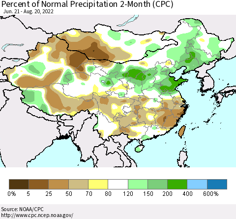 China, Mongolia and Taiwan Percent of Normal Precipitation 2-Month (CPC) Thematic Map For 6/21/2022 - 8/20/2022
