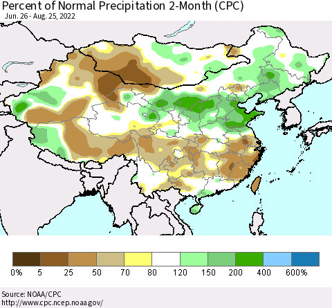 China, Mongolia and Taiwan Percent of Normal Precipitation 2-Month (CPC) Thematic Map For 6/26/2022 - 8/25/2022