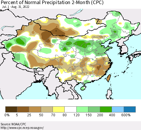 China, Mongolia and Taiwan Percent of Normal Precipitation 2-Month (CPC) Thematic Map For 7/1/2022 - 8/31/2022