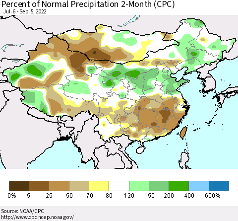 China, Mongolia and Taiwan Percent of Normal Precipitation 2-Month (CPC) Thematic Map For 7/6/2022 - 9/5/2022